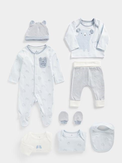 mothercare kids blue & white sleepsuit, t-shirt, joggers, bodysuit, beanie, mittens with bib