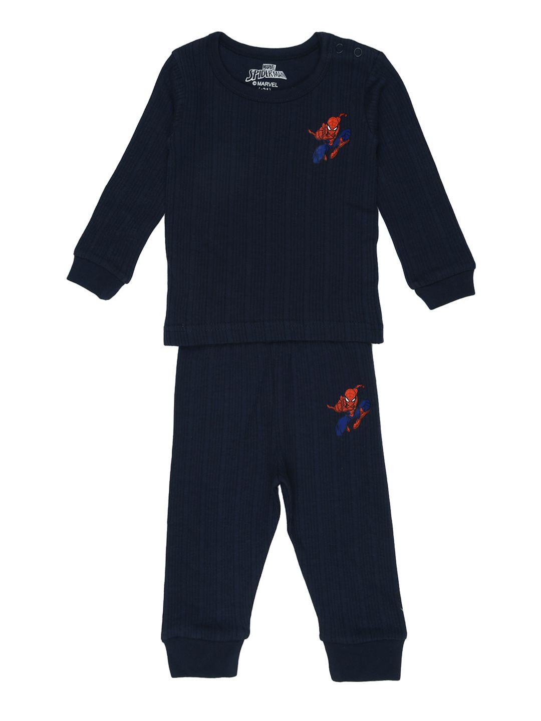 mothercare kids boys navy blue self striped spider-man thermal set