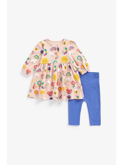 mothercare kids peach & blue printed full sleeves top with leggings