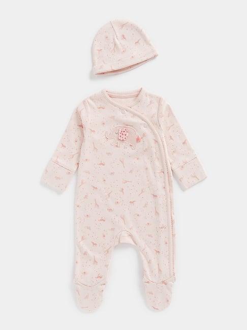 mothercare kids peach printed full sleeves sleepsuit with cap