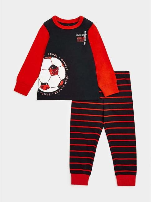 mothercare kids red & black cotton printed full sleeves t-shirt set