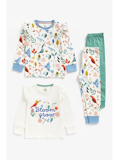 mothercare kids white & green printed full sleeves t-shirt (pack of 2) with joggers (pack of 2)
