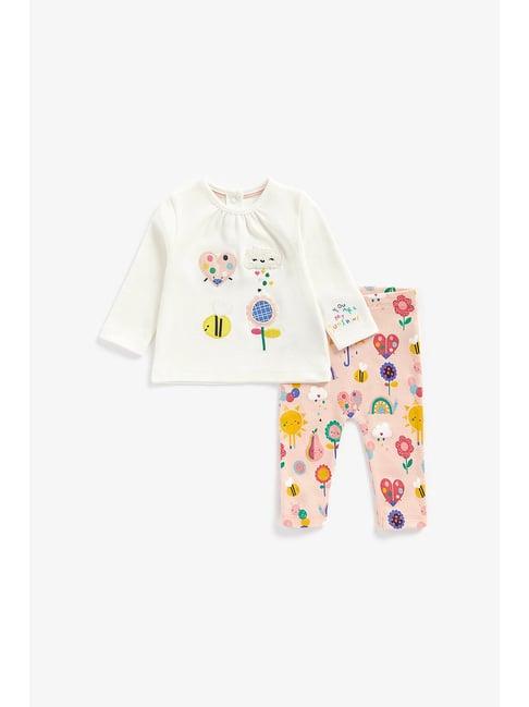mothercare kids white & peach embroidered full sleeves top with leggings