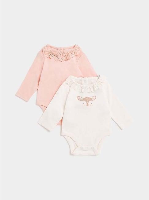 mothercare kids white & pink cotton embroidered full sleeves bodysuit (pack of 2)