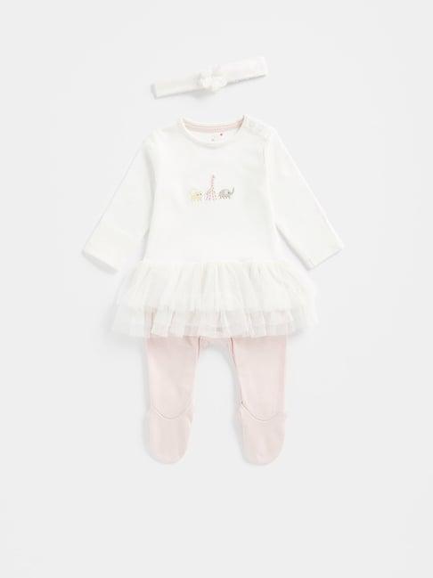 mothercare kids white & pink embroidered full sleeves sleepsuit with hairband
