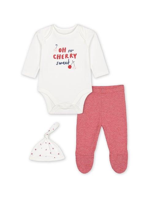 mothercare kids white & red graphic print full sleeves romper, pants with cap