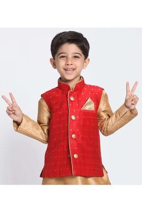 motif silk blend mandarin boys nehru jacket - maroon