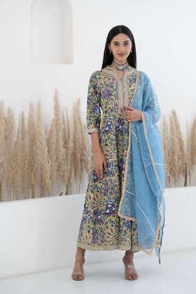 motif ankle length cotton woven women's kurta dupatta set - multi