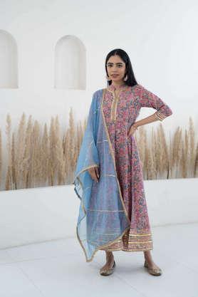 motif calf length cotton woven women's kurta dupatta set - multi