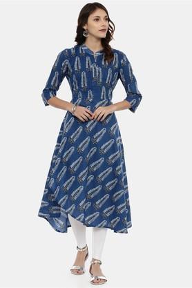 motif cotton collar neck women's ethnic dress - indigo