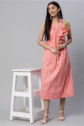 motif cotton tie up neck women's knee length dress - peach
