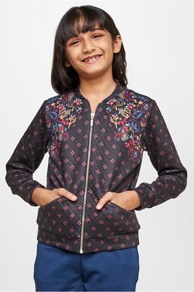 motif polyester mandarin girls jacket - black