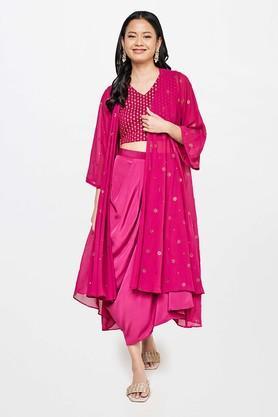 motif polyester v neck women's kurta trouser set - pink