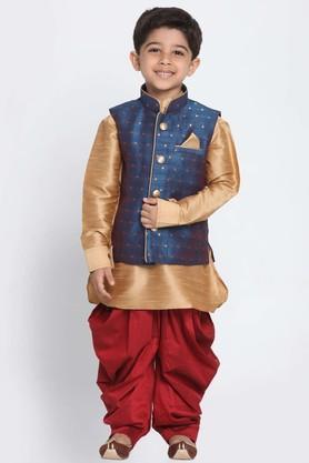 motif silk blend mandarin boys jacket kurta and dhoti set - dark blue
