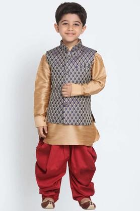 motif silk blend mandarin boys jacket kurta and dhoti set - gold