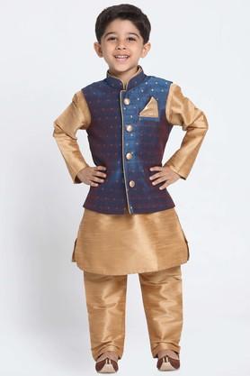 motif silk blend mandarin boys jacket kurta and pyjama set - dark blue