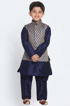 motif silk blend mandarin boys jacket kurta and pyjama set - dark blue