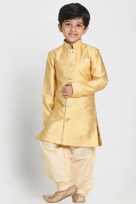 motif silk blend mandarin boys sherwani and patiala style dhoti set - yellow