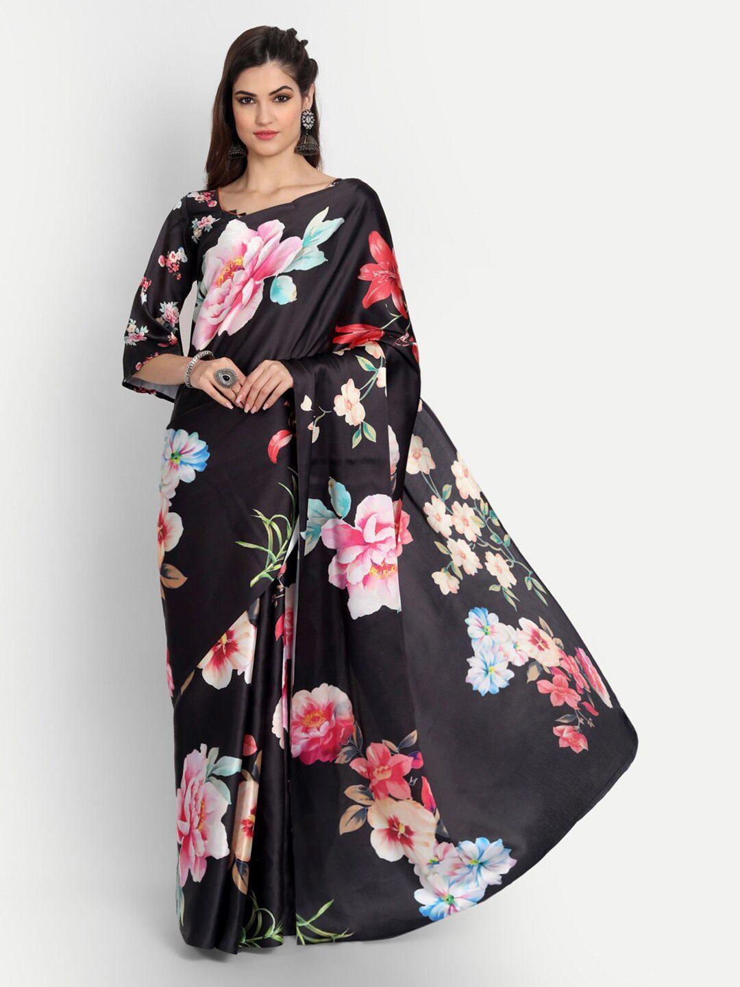 motihamir black & pink floral satin saree