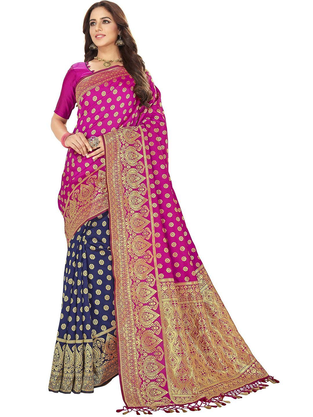 motihamir pink & blue ethnic motifs zari silk blend half and half banarasi saree