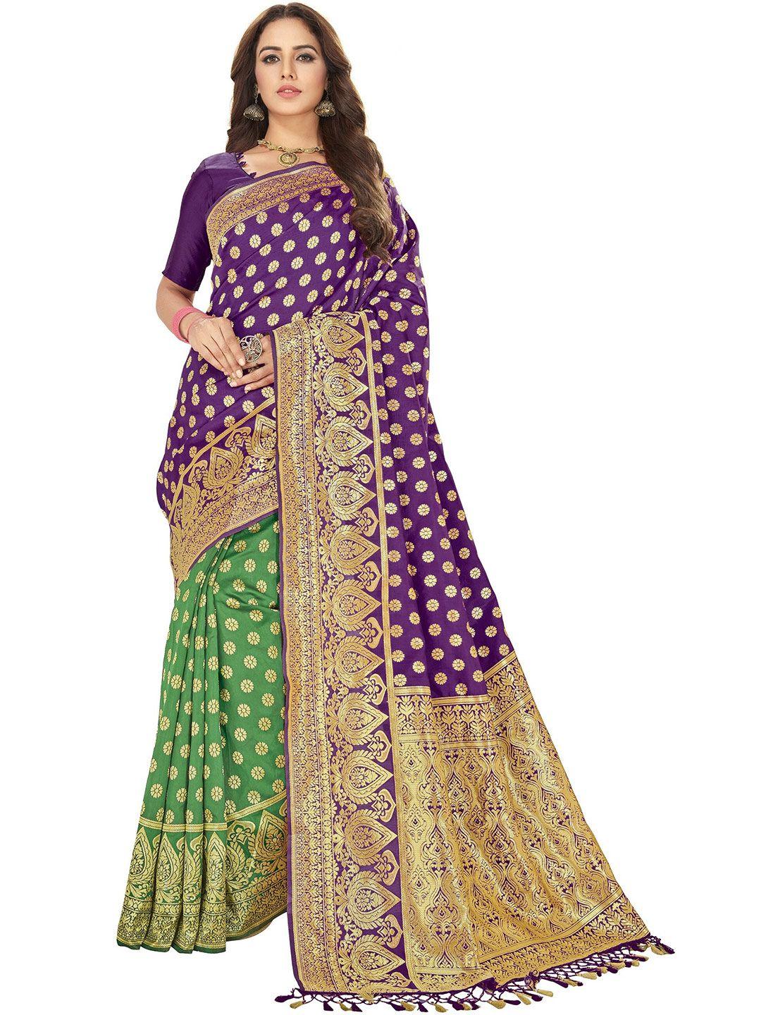 motihamir purple & green floral zari silk blend half and half banarasi saree