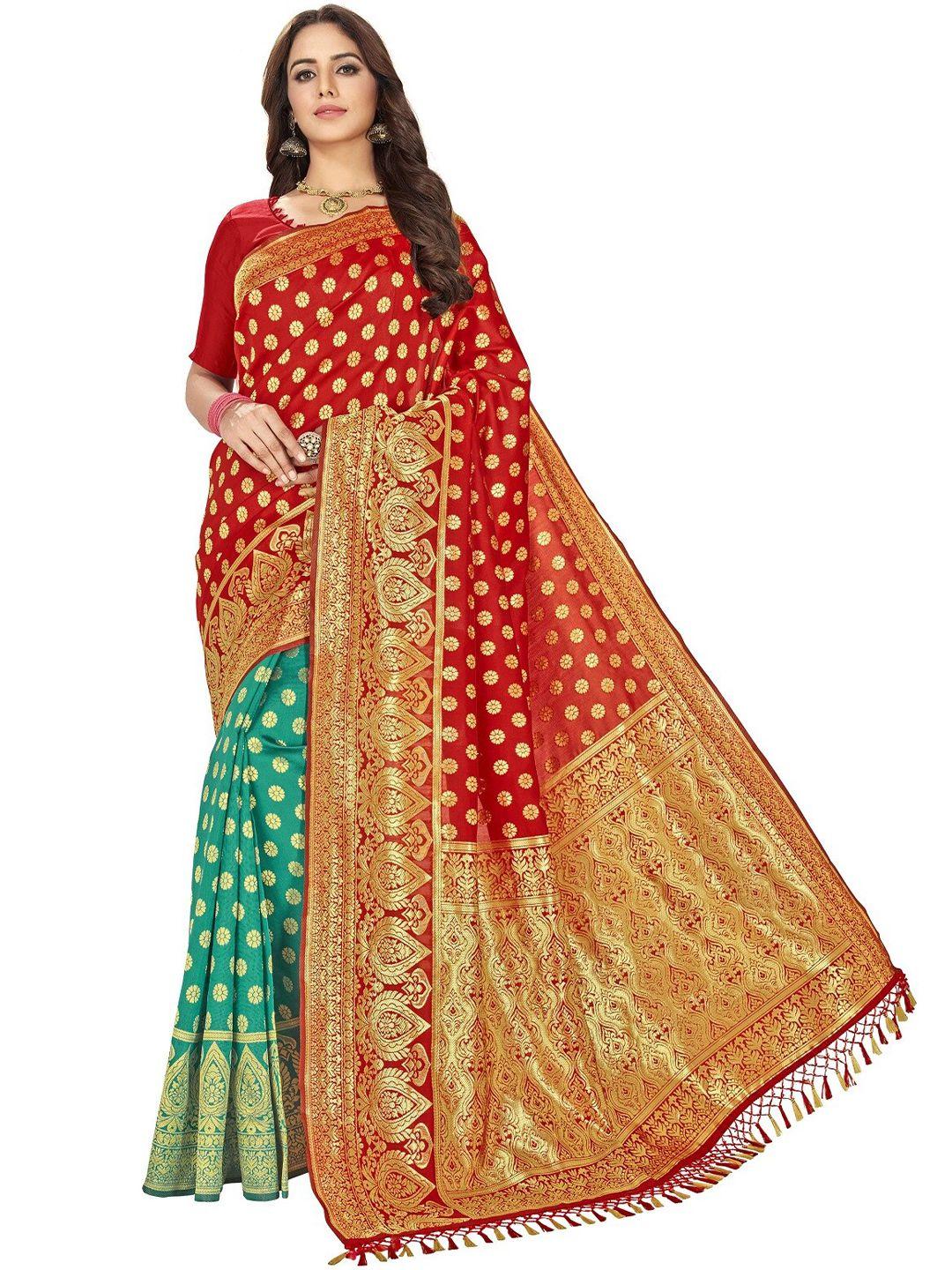 motihamir red & turquoise blue ethnic motifs zari silk blend half and half banarasi saree