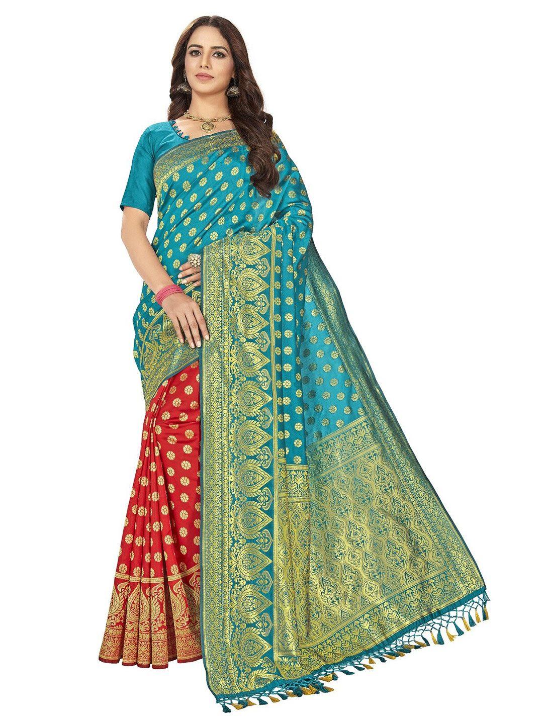 motihamir turquoise blue & red ethnic motifs zari silk banarasi saree