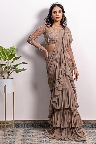 mouse brown georgette pre-draped saree set