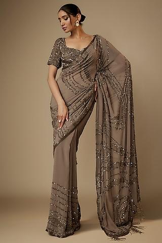 mouse grey chiffon sequins embroidered metallic saree set