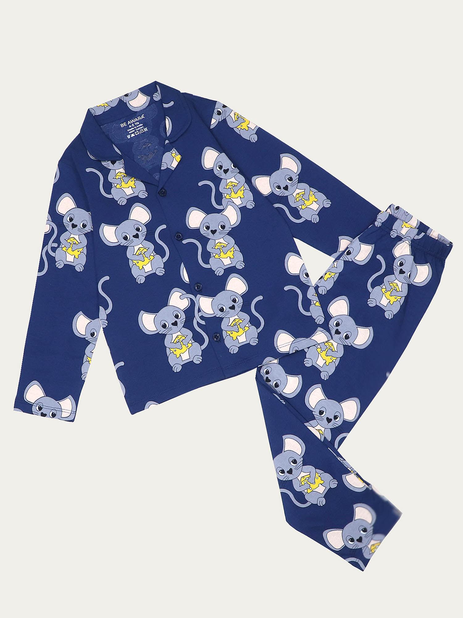 mouse print kids full sleeves cotton blue shirt and pajama (set of 2)