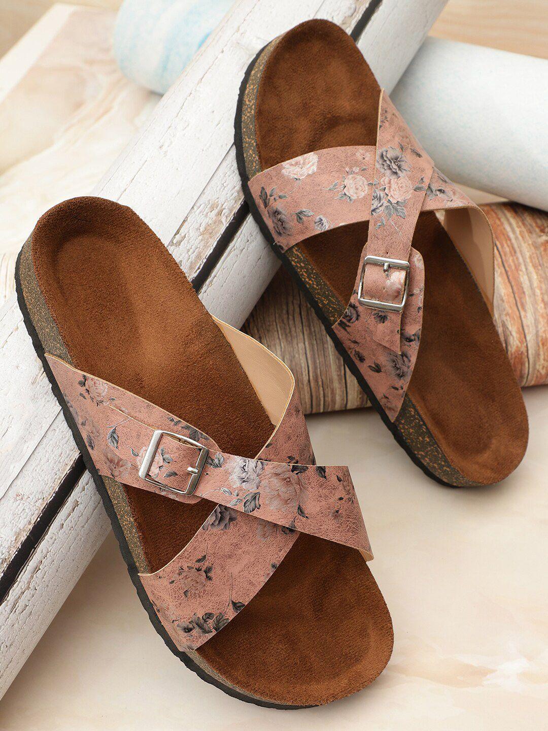 mozafia printed cross strap open toe flats with buckle detail