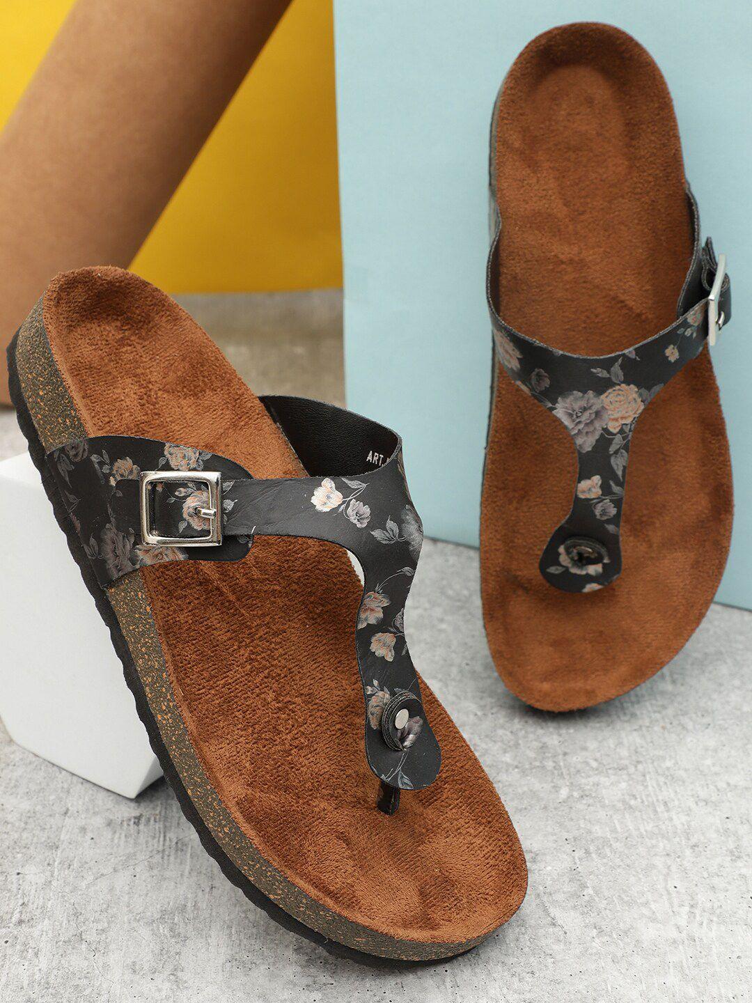 mozafia printed t-strap flats with buckle detail