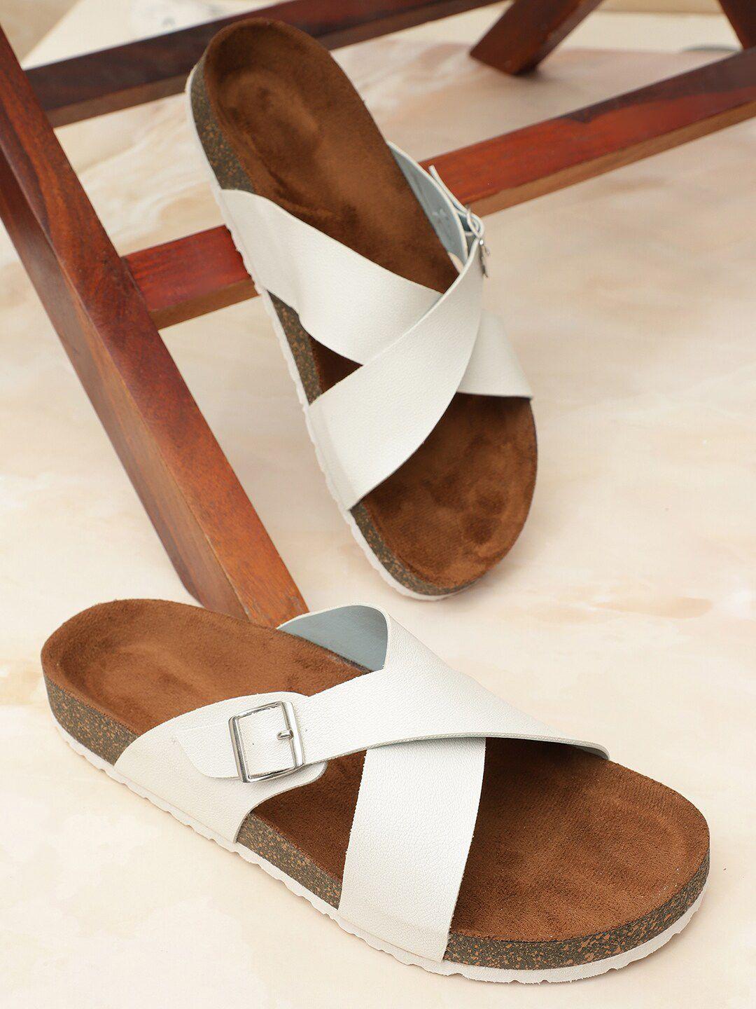 mozafia textured cross strap open toe flats with buckle detail