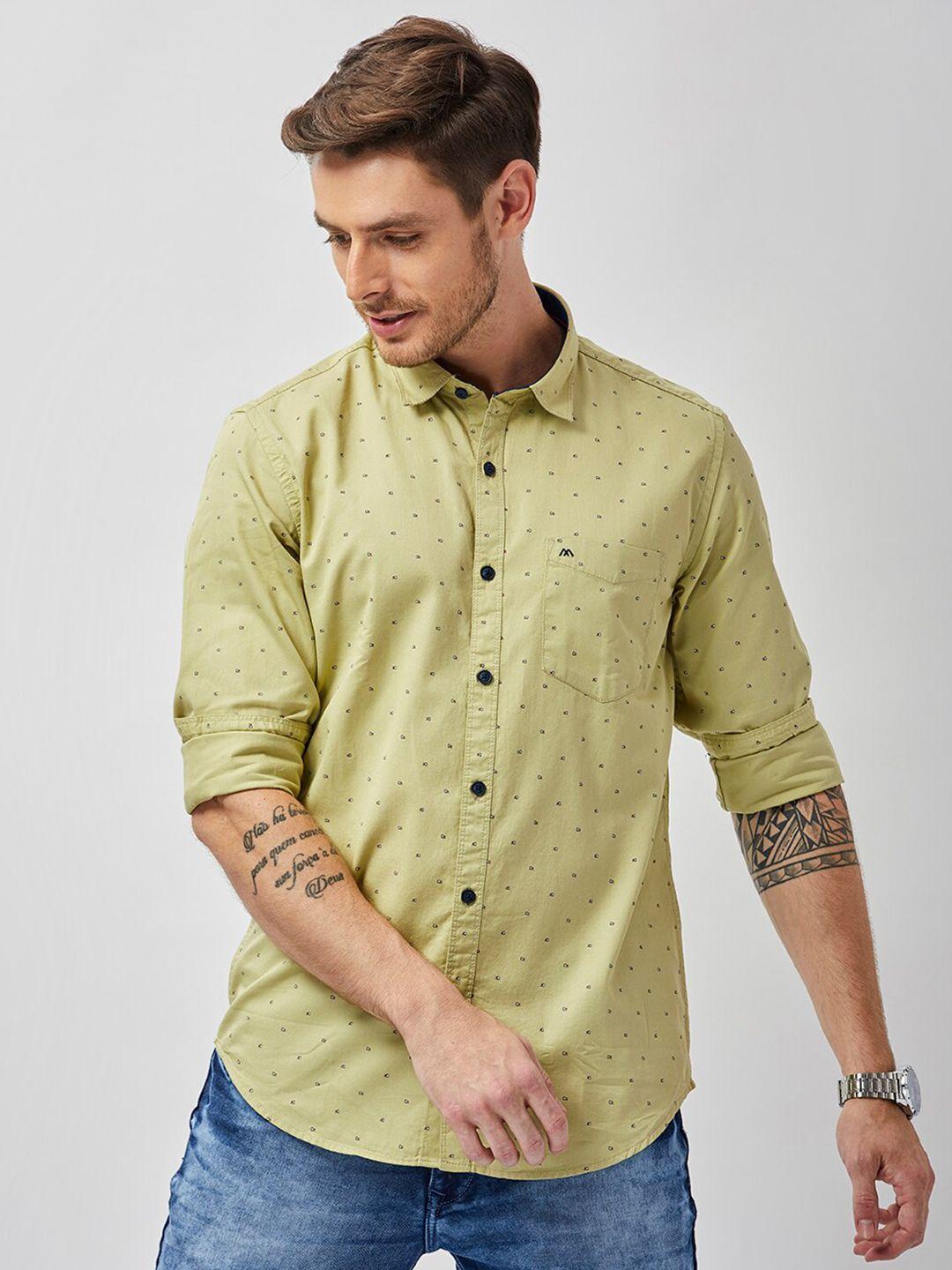 mozzo men olive green classic slim fit opaque printed casual shirt