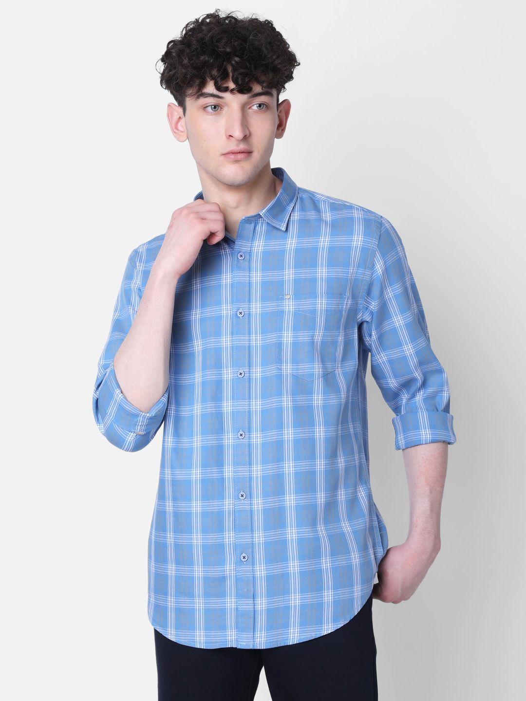 mozzo men blue classic slim fit opaque checked casual shirt