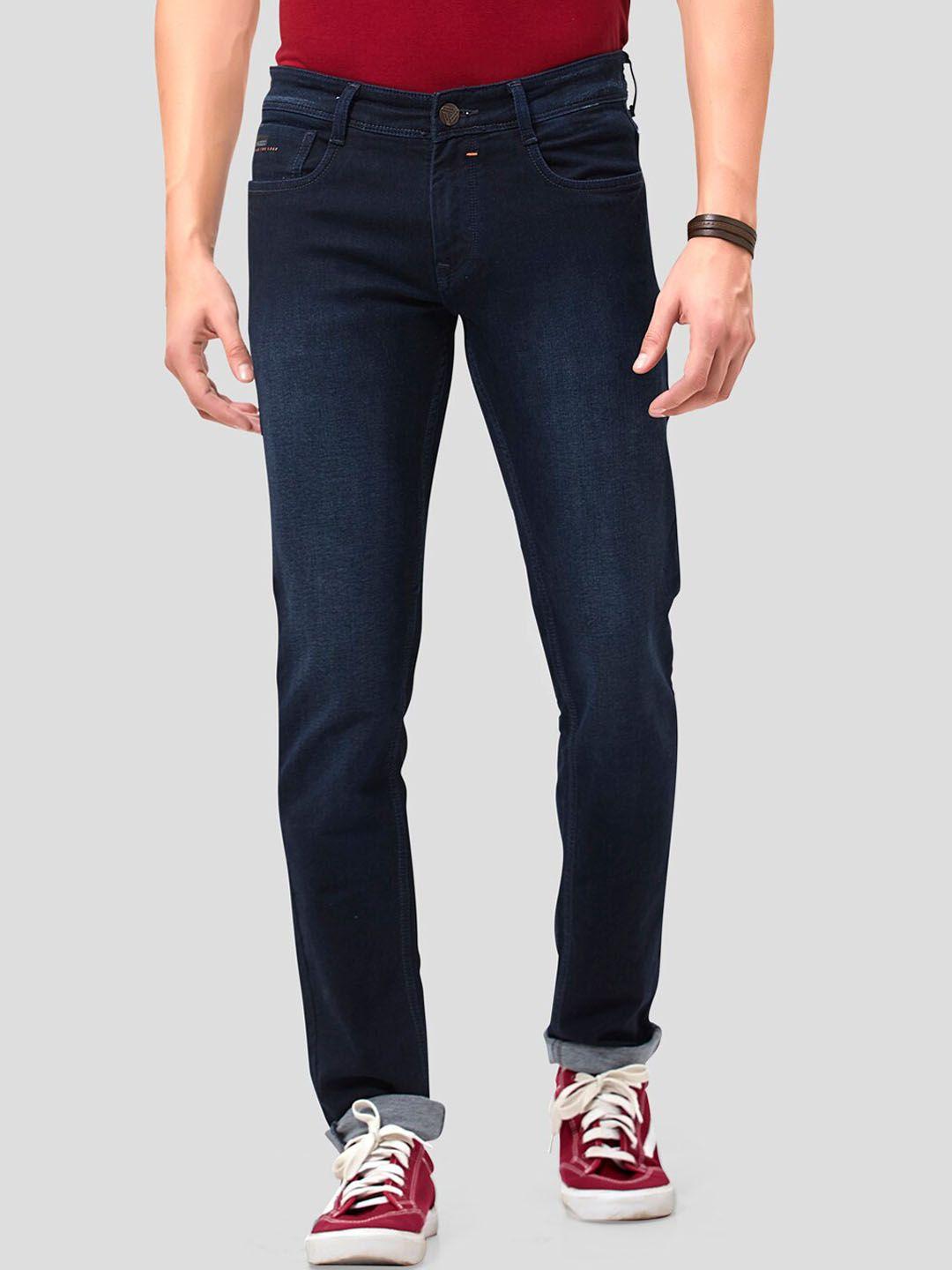 mozzo men navy blue lean slim fit light fade jeans