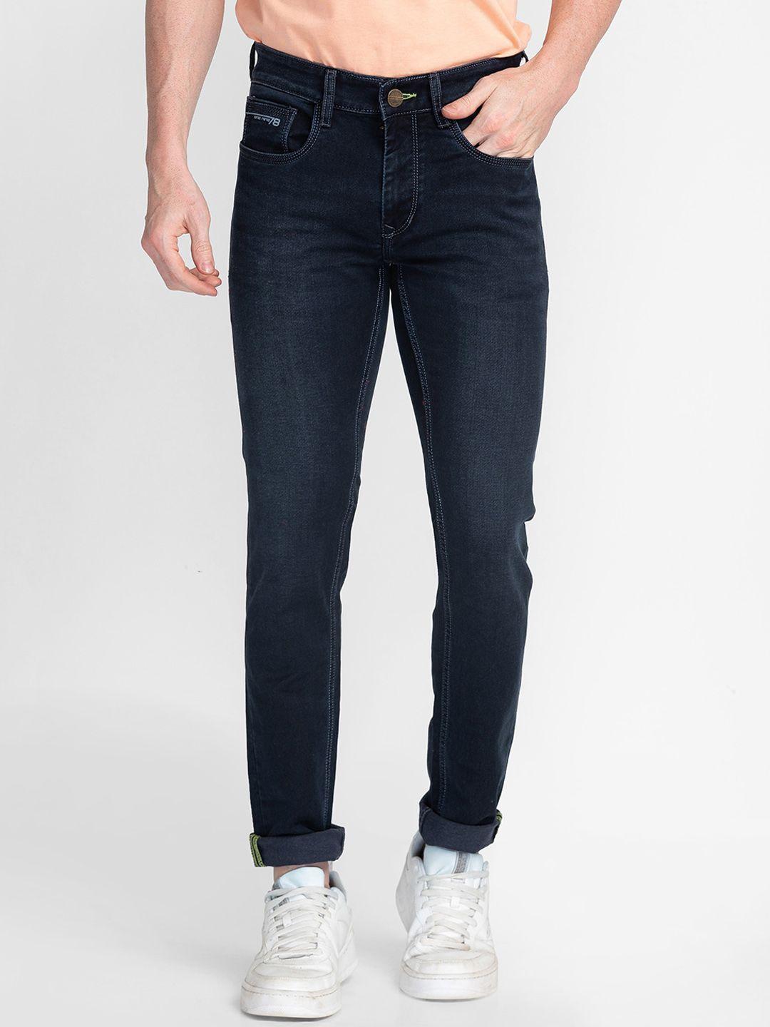 mozzo men navy blue lean slim fit light fade jeans