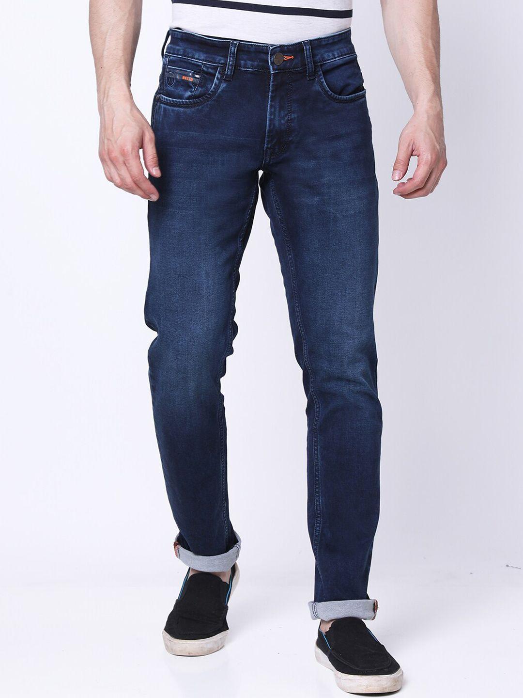 mozzo men navy blue lean slim fit low distress jeans