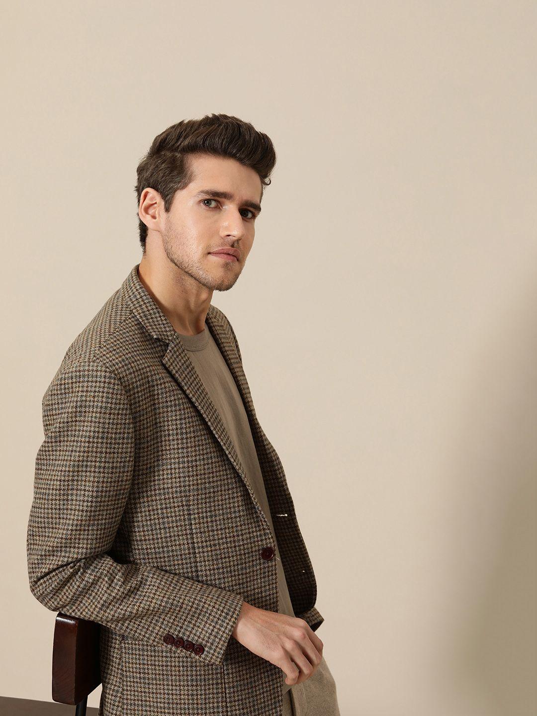 mr bowerbird men beige and olive checked single breasted casual tweed blazer
