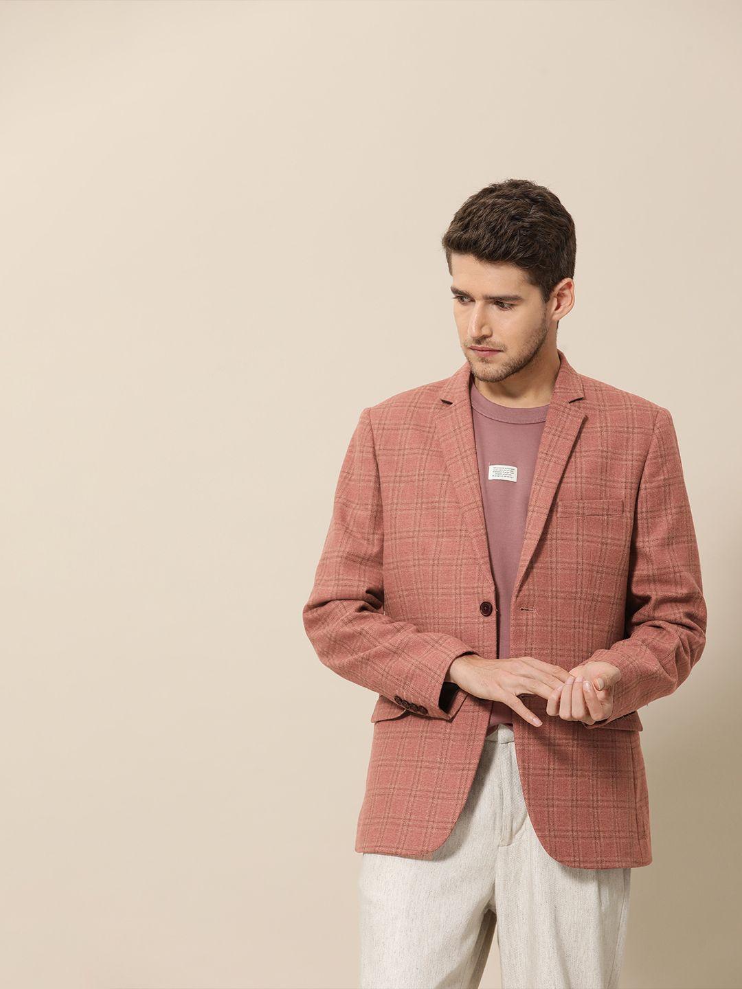 mr bowerbird men rust pink & beige tailored fit checked single breasted casual blazer