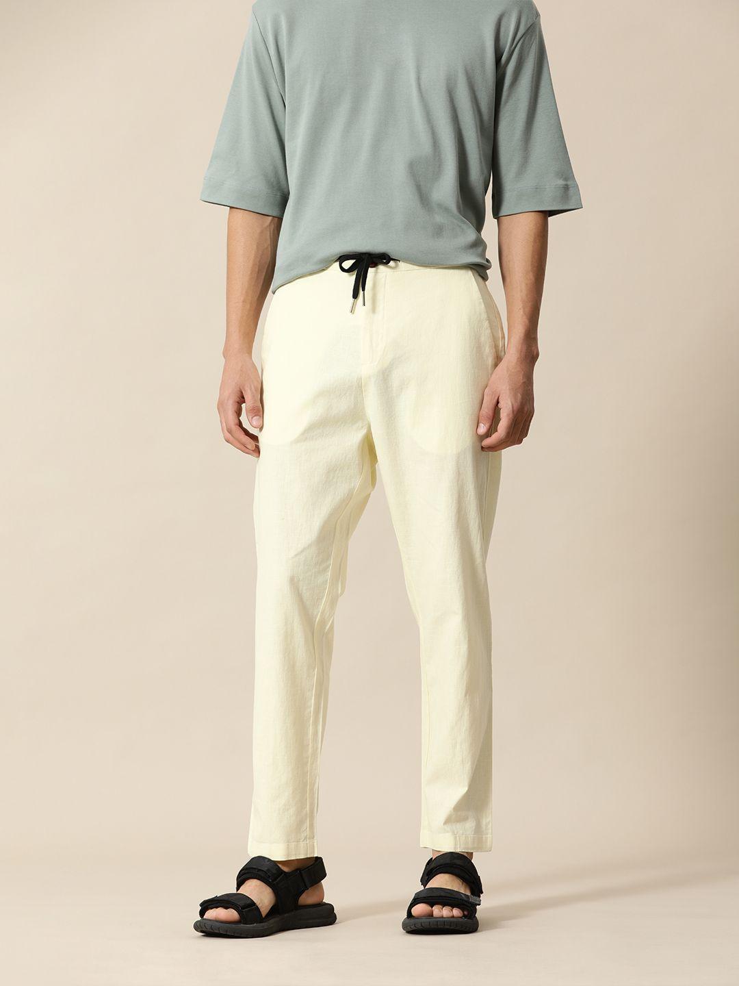 mr bowerbird men yellow solid mid rise cotton linen regular trousers