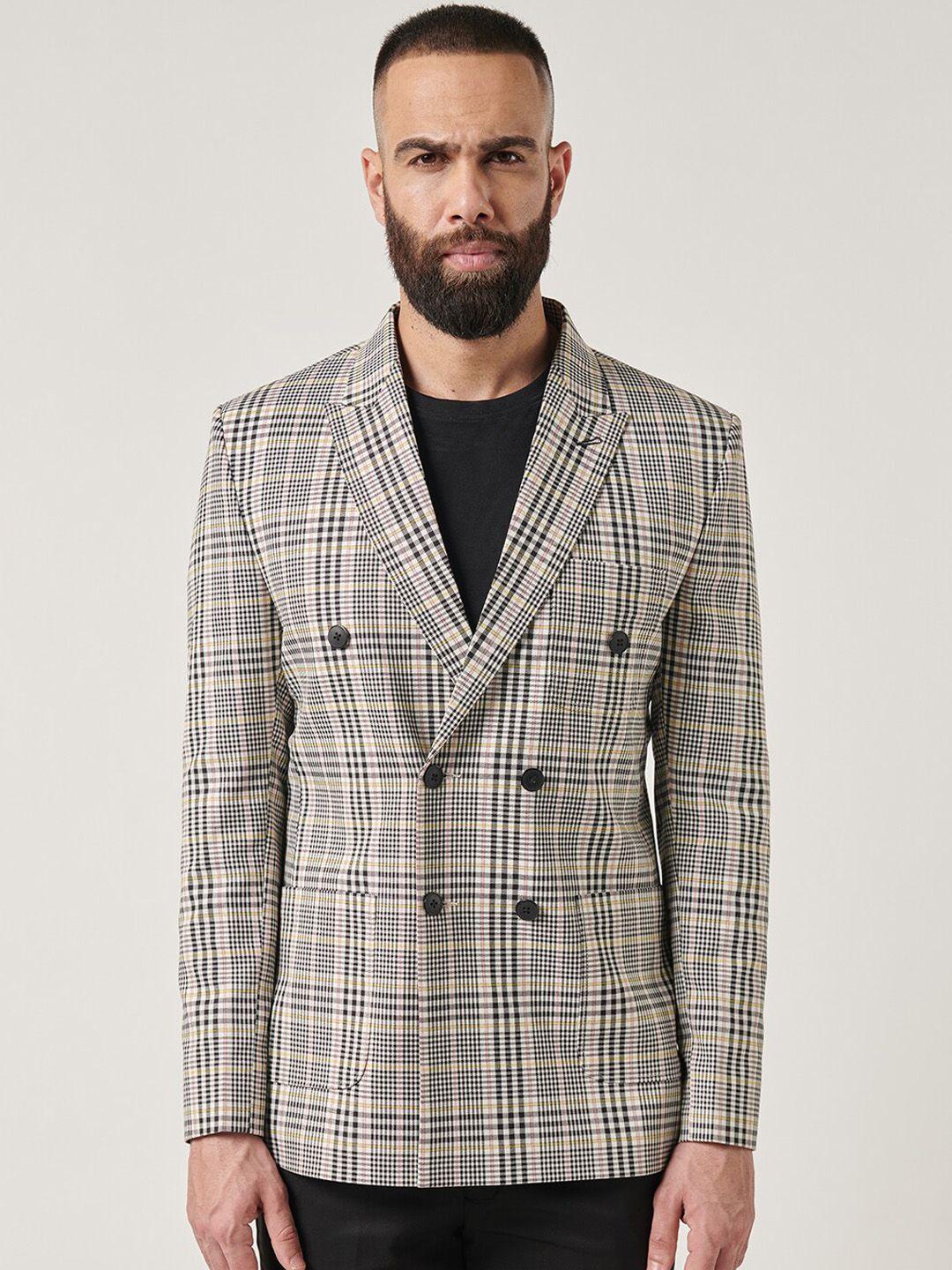 mr button checked slim-fit peaked lapel collar double breasted blazer