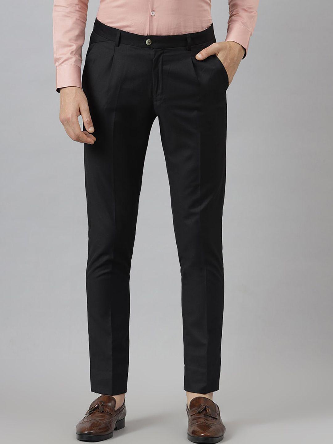 mr button men black solid slim fit trousers