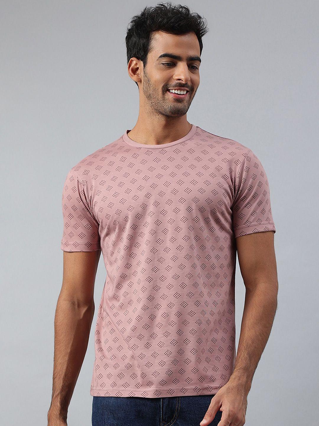 mr button men peach-coloured printed slim fit t-shirt