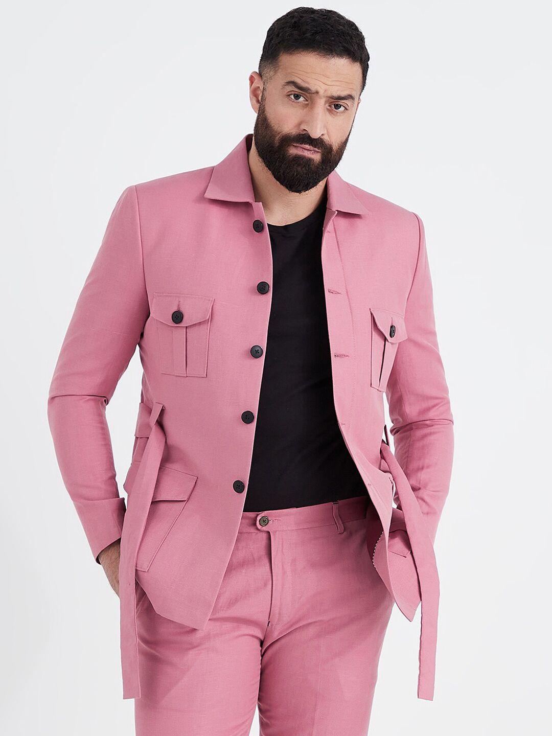 mr button men pink solid slim-fit single breasted blazer