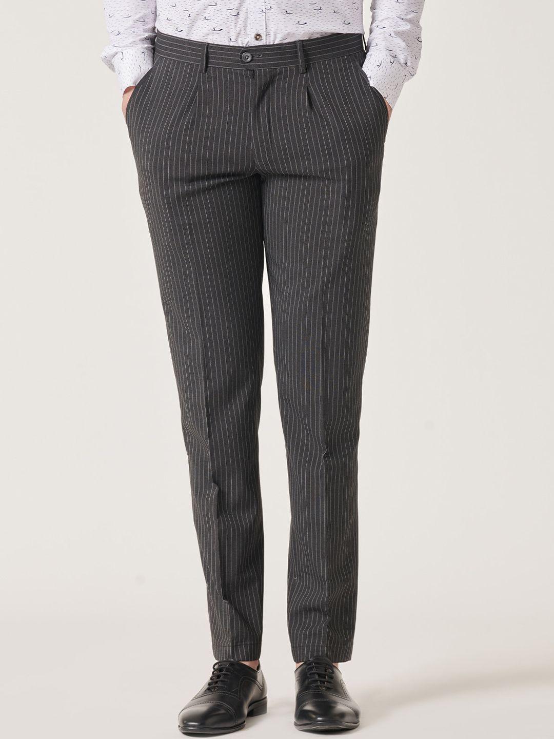 mr button men striped mid rise plain slim fit pleated trousers