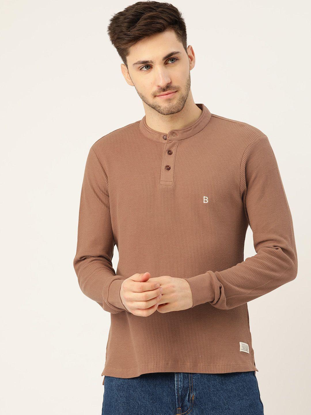 mr bowerbird men brown pure cotton tailored fit self-striped henley neck pure cotton t-shirt