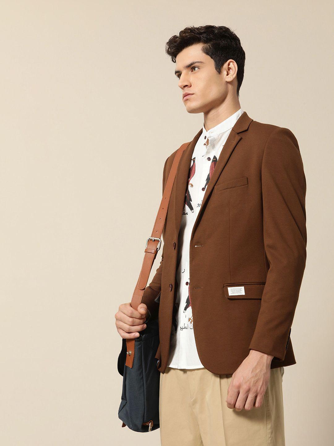 mr bowerbird men brown solid single-breasted tailored fit premium knit casual blazer