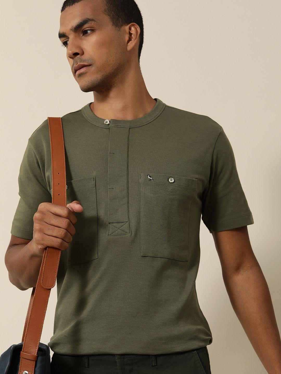 mr bowerbird men green solid pure cotton henley neck t-shirt