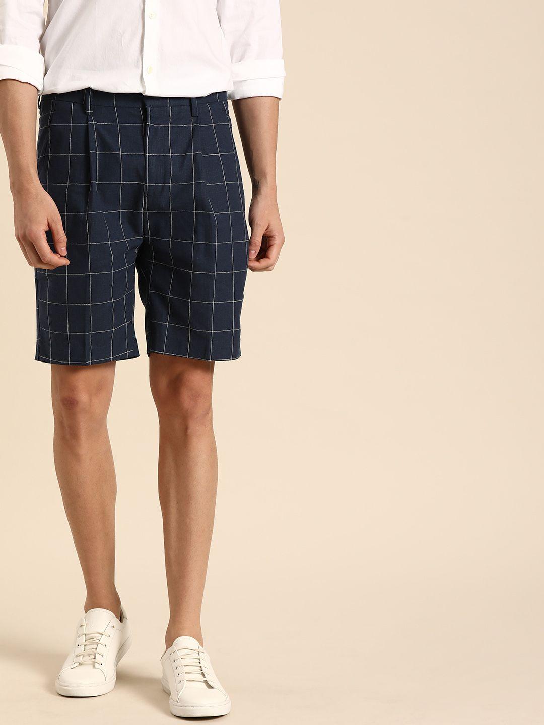 mr bowerbird men navy blue checked regular fit regular shorts